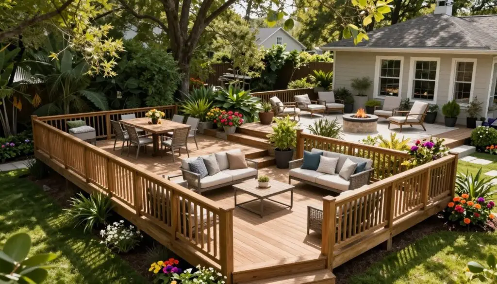 A stunning multi-level deck design showcasing various activity zones in a spacious backyard. In the foreground, a large wooden deck with elegant railings features comfortable seating areas, ideal for relaxation. The middle level includes a stylish dining area with a large table and chairs, surrounded by lush greenery and vibrant flowers. In the background, a lower deck with a cozy fire pit and lounge chairs creates a warm social space. Soft afternoon sunlight filters through the trees, casting dappled shadows on the decks, enhancing the inviting ambiance. The entire scene is captured from a slightly elevated angle, showcasing the layered design of the deck and the harmonizing natural elements. The mood is tranquil and inviting, perfect for outdoor gatherings and leisure activities. - deck builder cost
