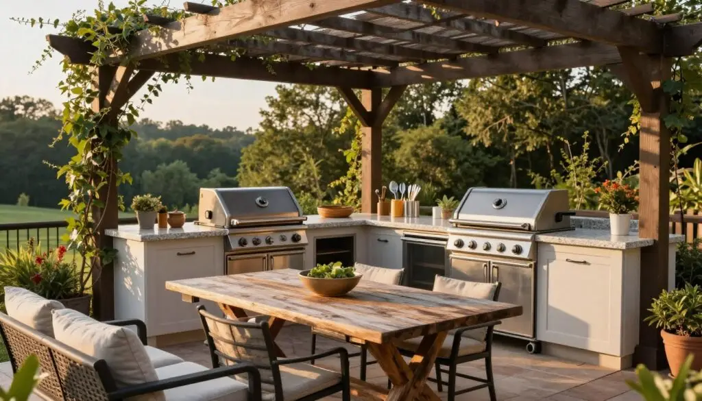 A stylish outdoor kitchen in Knoxville, featuring a modern barbecue grill, granite countertops, and a rustic wooden dining table. In the foreground, an inviting seating area with comfortable patio furniture under an elegant pergola adorned with climbing vines. The middle ground showcases the kitchen space with bright utensils and a built-in refrigerator. In the background, lush greenery typical of Knoxville's landscape provides a serene backdrop. Soft golden hour lighting bathes the scene, creating warm shadows and highlighting the textures of the materials. The setting evokes a friendly, relaxed atmosphere ideal for family gatherings and entertaining guests. It is a spacious, well-organized design that reflects the lifestyle of outdoor cooking enthusiasts. The perspective is slightly elevated, giving a comprehensive view of the entire kitchen setup. A stylish outdoor kitchen in Knoxville, featuring a modern barbecue grill, granite countertops, and a rustic wooden dining table. In the foreground, an inviting seating area with comfortable patio furniture under an elegant pergola adorned with climbing vines. The middle ground showcases the kitchen space with bright utensils and a built-in refrigerator. In the background, lush greenery typical of Knoxville's landscape provides a serene backdrop. Soft golden hour lighting bathes the scene, creating warm shadows and highlighting the textures of the materials. The setting evokes a friendly, relaxed atmosphere ideal for family gatherings and entertaining guests. It is a spacious, well-organized design that reflects the lifestyle of outdoor cooking enthusiasts. The perspective is slightly elevated, giving a comprehensive view of the entire kitchen setup.