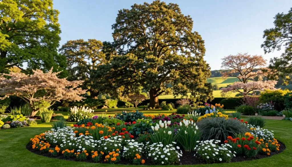 A vibrant garden filled with a variety of lush, mature trees, showcasing a harmonious blend of colors and textures in a serene setting. In the foreground, a beautifully manicured flower bed bursts with seasonal blooms like daisies and marigolds, complementing the greenery. The middle ground features tall, majestic oak and cherry trees, their leaves shimmering in the warm afternoon sunlight, casting intricate shadows on the ground. The background reveals a soft-focus view of rolling green hills under a clear blue sky, creating a tranquil atmosphere. The scene is bathed in golden hour lighting, enhancing the rich colors and depth, captured with a wide-angle lens to encompass the entire landscape in a single frame.