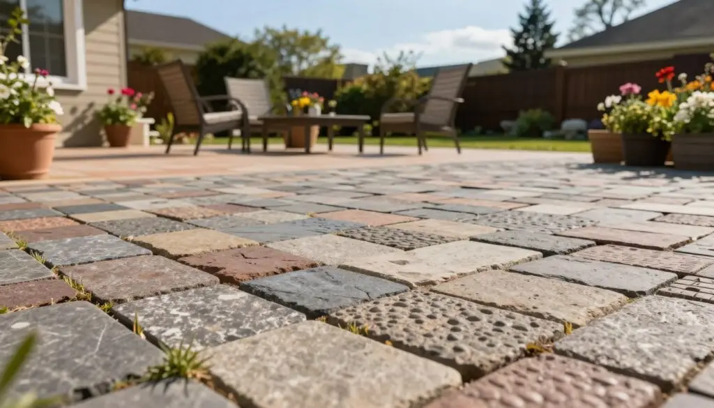A visually engaging depiction of a paver patio, featuring a close-up view of diverse paver stones installed in a residential backyard. The foreground includes detailed textures of the pavers, showcasing various colors and patterns, with small patches of grass between the stones. In the middle ground, a spacious patio arrangement accommodates outdoor furniture, set against a backdrop of a well-maintained garden with blooming flowers. The background captures a clear blue sky, allowing soft, natural sunlight to illuminate the scene, creating a warm and inviting atmosphere. The angle is slightly elevated, offering a comprehensive view of the patio's layout. The mood conveys a sense of tranquility and leisure, perfect for outdoor gatherings and relaxation.