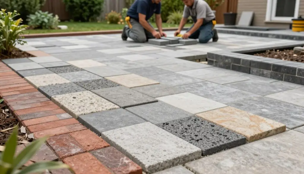 A visually engaging image of a paver patio featuring a variety of materials, displayed in a detailed layout. In the foreground, showcase different types of paver stones with distinct colors and textures, such as traditional brick, modern concrete, and natural stone, arranged artistically to highlight their price differences per square foot. In the middle ground, a partially completed patio installation demonstrates professionals in modest business attire carefully laying pavers, emphasizing craftsmanship. The background features a lush green garden, adding a touch of tranquility. Utilize soft, natural lighting to create a warm, inviting atmosphere, with a slight upward angle that captures the depth of the patio. This scene conveys quality and consideration of material choices. - paver patio installation