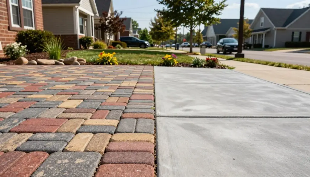A visually striking comparison of pavers and concrete, divided into two distinct sections. In the foreground, showcase a meticulously arranged pattern of colorful pavers, highlighting textures, shapes, and interlocking designs. Beside it, a smooth, light gray concrete surface extends across the width, its subtle sheen reflecting natural light. In the middle ground, incorporate small landscaping features, such as grass, flowers, or ornamental stones, enhancing the outdoor setting. The background features a cozy Knoxville residential or business environment, with trees and sidewalks visible, under a clear blue sky. Use warm, natural lighting to evoke a welcoming atmosphere, and capture the scene from an eye-level angle to emphasize the differences clearly and effectively.