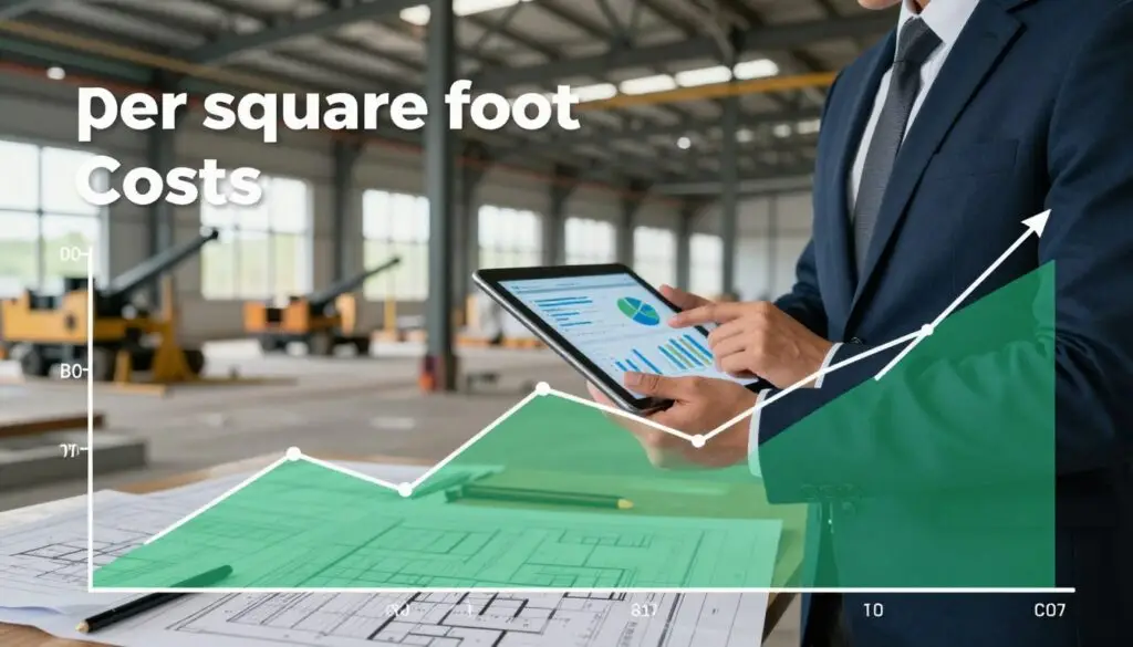 A visually striking infographic representing "per square foot" costs in warehouse construction, set within an industrial environment. In the foreground, detailed line graphs illustrate cost trends, using a contrasting color palette of blue and green. In the middle ground, a person dressed in professional business attire analyzes the charts on a digital tablet, standing near construction plans spread out on a table. The background features a partially constructed warehouse, with steel beams and heavy machinery, illuminated by soft, natural lighting streaming through large windows. The atmosphere conveys a sense of strategic planning and professionalism, ideal for decision-makers evaluating construction costs in Knoxville. - warehouse construction cost