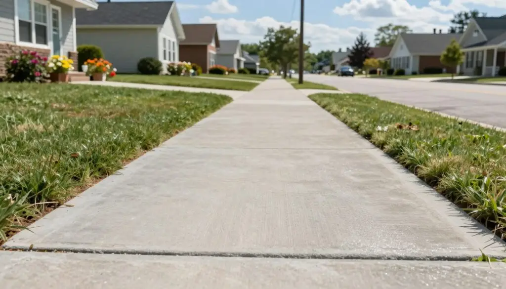 A well-constructed concrete sidewalk stretches invitingly through a sunny suburban neighborhood in Knoxville, TN. In the foreground, a freshly installed sidewalk showcases a smooth, brushed texture, with light glinting off its surface, highlighting subtle imperfections that give it character. A few well-placed green grass tufts peek from the edges, enhancing the natural aspect. In the middle ground, a picturesque row of modest, charming homes with colorful flower beds flank the sidewalk, adding an essence of community. The background features a clear blue sky with soft, fluffy clouds, adding to the serene atmosphere. The scene is captured from a low angle, emphasizing the sidewalk's sturdy construction while creating a warm, inviting feeling, perfect for showcasing quality work in concrete installation. A well-constructed concrete sidewalk stretches invitingly through a sunny suburban neighborhood in Knoxville, TN. In the foreground, a freshly installed sidewalk showcases a smooth, brushed texture, with light glinting off its surface, highlighting subtle imperfections that give it character. A few well-placed green grass tufts peek from the edges, enhancing the natural aspect. In the middle ground, a picturesque row of modest, charming homes with colorful flower beds flank the sidewalk, adding an essence of community. The background features a clear blue sky with soft, fluffy clouds, adding to the serene atmosphere. The scene is captured from a low angle, emphasizing the sidewalk's sturdy construction while creating a warm, inviting feeling, perfect for showcasing quality work in concrete installation.