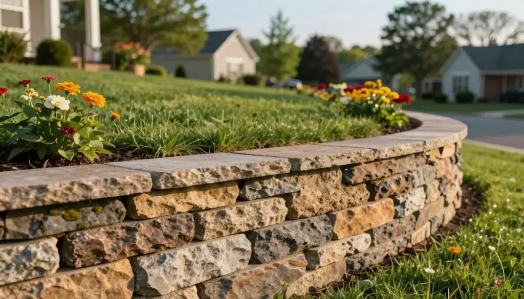 A well-constructed paver retaining wall in a residential outdoor setting in Knoxville, TN. The foreground features a close-up view of the paver stones, showcasing a mixture of earth tones and textures, with moss and small plants peeking through. In the middle ground, the retaining wall is depicted curving gently along a well-manicured lawn, accentuated by blooming flowers in vibrant colors. The background includes a soft-focus view of a suburban neighborhood with trees under a clear blue sky, adding depth. The lighting is warm and natural, reminiscent of early afternoon sun, casting gentle shadows that enhance the wall's features. The overall mood is inviting and serene, perfect for illustrating the functionality and aesthetic appeal of paver retaining walls.