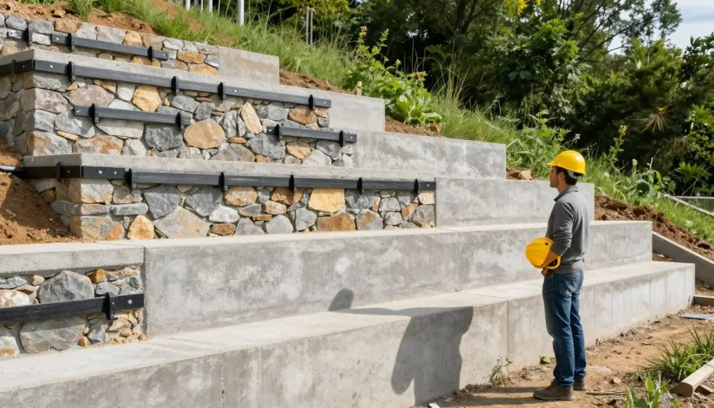 A well-constructed retaining wall on a slope, showcasing safety features such as sturdy reinforcements and proper drainage systems. In the foreground, a professional DIYer in modest casual clothing inspects the wall, holding a safety helmet. The middle ground features the retaining wall made of natural stone and concrete blocks, clearly illustrating height variations and safety compliance with engineering codes. The background reveals a sloping landscape with lush greenery, emphasizing the importance of stability. Bright, natural daylight casts soft shadows, highlighting the textures of the materials used. The atmosphere is focused and meticulous, reflecting the serious nature of construction safety in DIY projects.