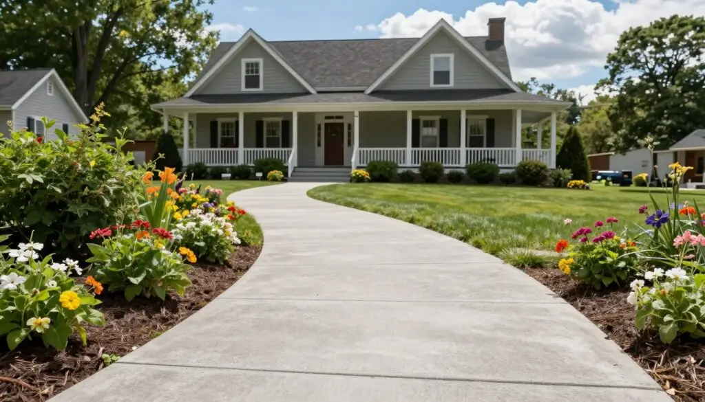A well-designed concrete walkway leading to a charming East Tennessee home, showcasing smooth, light gray concrete with subtle texture. In the foreground, lush greenery and colorful flower beds border the walkway, adding vibrancy. In the middle ground, the walkway gently curves, invitingly drawing the eye towards the inviting front porch of the house, which is framed by traditional southern architecture. In the background, fluffy white clouds float in a bright blue sky, implying a warm sunny day. Soft, natural lighting enhances the details, casting gentle shadows along the pathway. The scene conveys a welcoming and tranquil atmosphere, perfect for a Knoxville neighborhood, emphasizing both practicality and aesthetic appeal.