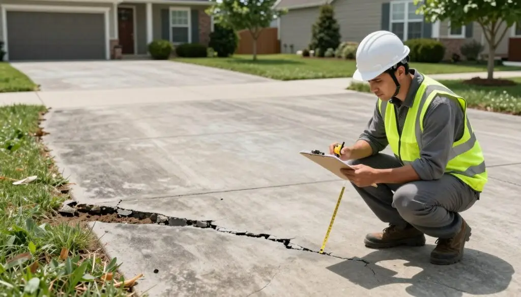 A well-maintained concrete driveway under assessment, showcasing visible cracks and wear. In the foreground, a professional technician in a hard hat and safety vest crouches, inspecting the surface with a clipboard and measuring tape, focused on documenting the damage. The middle ground features the driveway's texture, highlighting the contrast between smooth and damaged areas, with patches of dirt and grass contrasting against the gray concrete. In the background, a suburban home can be seen, surrounded by well-kept landscaping and trees, under bright daylight. The scene captures a proactive and engaged atmosphere, emphasizing diligence and expertise in driveway assessment. Use natural lighting to enhance the textures and details, shooting from a low angle for a dynamic perspective.