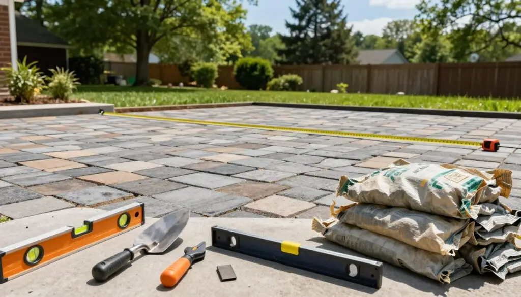 A well-organized workspace for paver patio installation in Knoxville, TN, featuring essential tools and materials. In the foreground, display a neatly arranged set of tools including a trowel, level, paver stones in various colors, and sandbags. The middle ground showcases a partially completed paver patio, with vibrant grass and a measuring tape stretched across, indicating precision in installation. In the background, include a spacious backyard, with trees and a blue sky to reflect a sunny day, casting soft, natural lighting over the scene. Capture the mood of professionalism and readiness, evoking a sense of craftsmanship and attention to detail, with a focus shot to emphasize the texture of the materials.