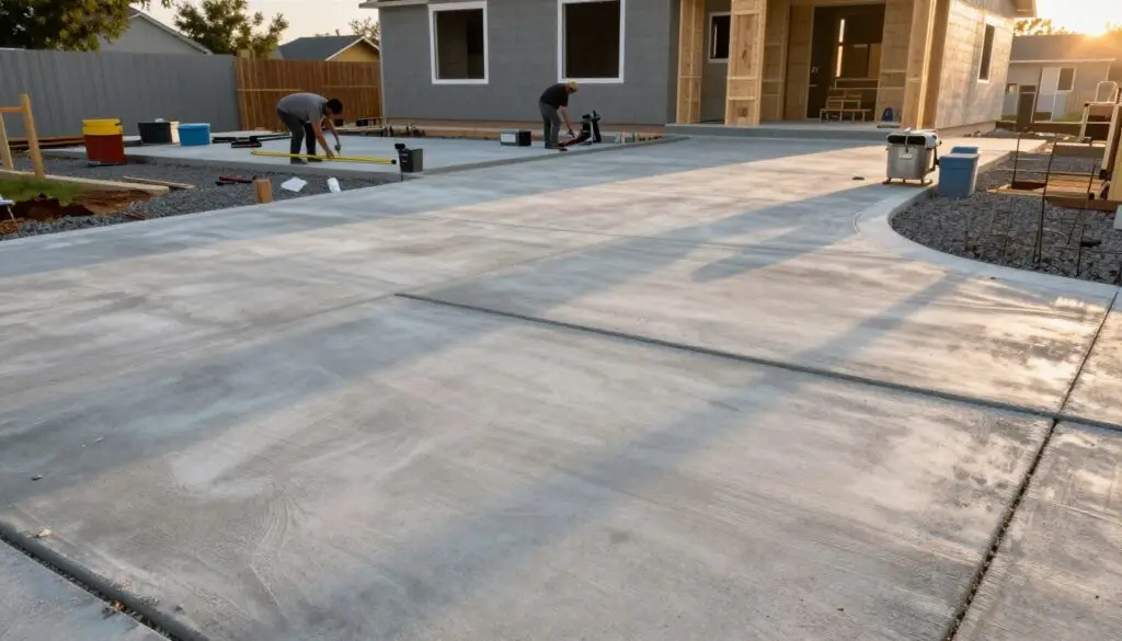 A well-structured concrete driveway scene showcasing key factors impacting cost. In the foreground, a close-up of textured concrete, displaying variations in color and finish. The middle ground features a driveway installation in progress, with professional workers in modest casual clothing measuring and laying down forms. Tools and materials like gravel, rebar, and mixers are visible, emphasizing construction quality. In the background, a half-finished house is visible, providing context to construction and adding depth to the image. The lighting is warm and natural, illuminated by golden hour sunlight, creating a welcoming atmosphere. The angle presents a slight overhead view, allowing the viewer to appreciate the layout and details of the driveway. The mood is industrious yet serene, reflecting professionalism in home improvement.