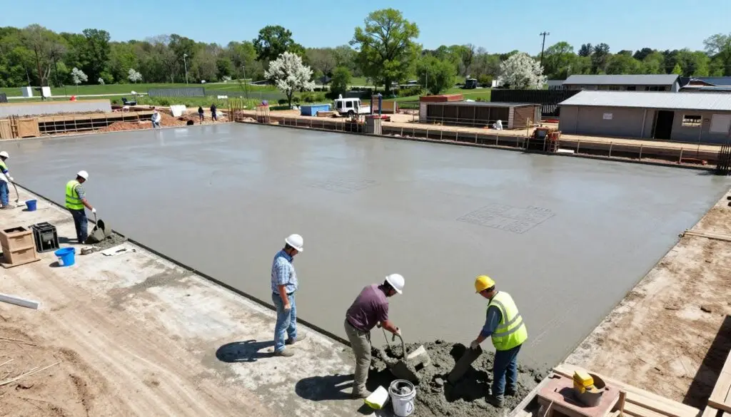 Aerial view of a concrete slab being poured on a construction site in Knoxville, Tennessee, showcasing the process of laying a foundation. In the foreground, workers in professional business attire, wearing hard hats and safety vests, are mixing concrete and preparing the site, surrounded by tools and equipment. The middle ground features a fresh concrete slab with smooth, even texture, marked with pricing calculations and symbolizing current market costs. In the background, a clear blue sky contrasts with blooming greenery, indicating a sunny day. The lighting is bright and natural, enhancing the visibility of details in the concrete work. The overall atmosphere is industrious and focused, capturing the essence of construction activity in Knoxville.