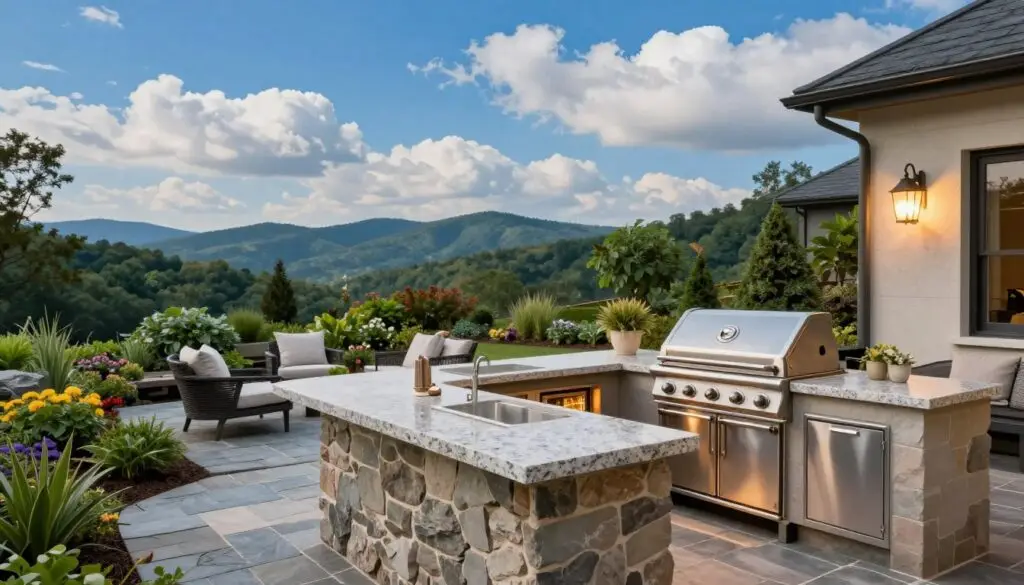 An elegant outdoor kitchen designed for a picturesque setting in East Tennessee. In the foreground, a sleek granite countertop barbecue island with a built-in grill and modern stainless steel appliances, surrounded by stylish outdoor seating with plush cushions. The middle layer features lush greenery, including meticulously landscaped plants and flowers, complemented by rustic stone pathways. The background showcases rolling hills under a vibrant blue sky with fluffy white clouds, enhancing the serene atmosphere. Soft, warm lighting illuminates the space, evoking a welcoming and inviting ambiance, perfect for gatherings. The scene captures the essence of high-quality craftsmanship and sophisticated design, ideal for outdoor entertaining.