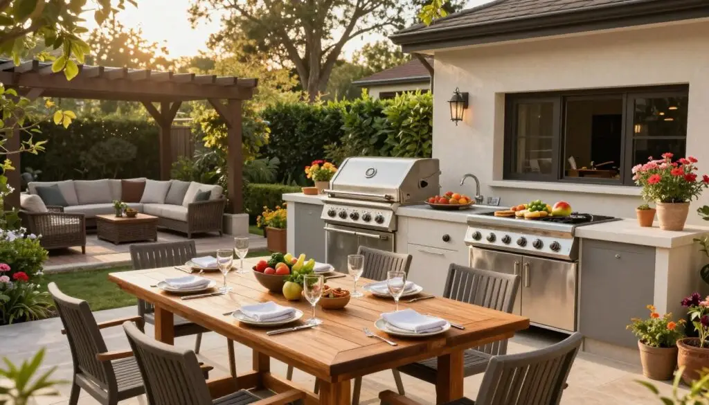 An inviting outdoor kitchen design featuring a spacious layout with distinct cooking, dining, and preparation zones. In the foreground, an elegant wooden dining table set for six, adorned with tasteful tableware. The middle ground showcases a modern grill station with stainless steel appliances, a countertop for food preparation, and a sink, all surrounded by lush greenery and vibrant flowers. The background reveals a cozy lounge area with comfortable seating beneath a pergola, ideal for outdoor entertaining. Soft, golden sunlight filters through the trees, creating a warm and welcoming atmosphere. The scene captures a balance of functionality and aesthetics, emphasizing seamless workflow in outdoor cooking and dining. Use a wide-angle lens for a comprehensive view.