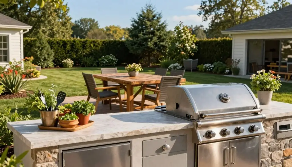 An inviting outdoor kitchen set in a lush backyard in Knoxville, showcasing modern design elements. In the foreground, a sleek stainless steel grill is flanked by an elegant stone countertop, complete with a vibrant array of fresh herbs and kitchen utensils. The middle section features a rustic wooden dining table, surrounded by comfortable chairs, perfect for gatherings. In the background, a well-manicured lawn with flowering shrubs under a bright blue sky enhances the scene. The lighting is warm and natural, suggesting a late afternoon sun, casting gentle shadows and creating a cozy atmosphere. The composition is captured from a slightly elevated angle, providing a spacious view of this ideal outdoor cooking and dining environment. An inviting outdoor kitchen set in a lush backyard in Knoxville, showcasing modern design elements. In the foreground, a sleek stainless steel grill is flanked by an elegant stone countertop, complete with a vibrant array of fresh herbs and kitchen utensils. The middle section features a rustic wooden dining table, surrounded by comfortable chairs, perfect for gatherings. In the background, a well-manicured lawn with flowering shrubs under a bright blue sky enhances the scene. The lighting is warm and natural, suggesting a late afternoon sun, casting gentle shadows and creating a cozy atmosphere. The composition is captured from a slightly elevated angle, providing a spacious view of this ideal outdoor cooking and dining environment.