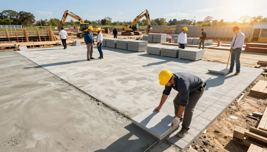 An overhead view of a bustling construction site where workers in professional business attire are measuring and laying concrete and pavers. In the foreground, a construction worker carefully places a square tile, symbolizing the concept of "per square foot" investment. The middle ground shows neatly arranged stacks of materials, highlighting both affordability and quality. The background includes heavy machinery and a clear blue sky, providing a sense of vitality and progress. The lighting is bright and natural, creating an optimistic atmosphere, with golden sunlight casting long shadows. The lens used gives a slightly elevated perspective to capture the scale of the project, emphasizing the long-term value of the construction efforts.