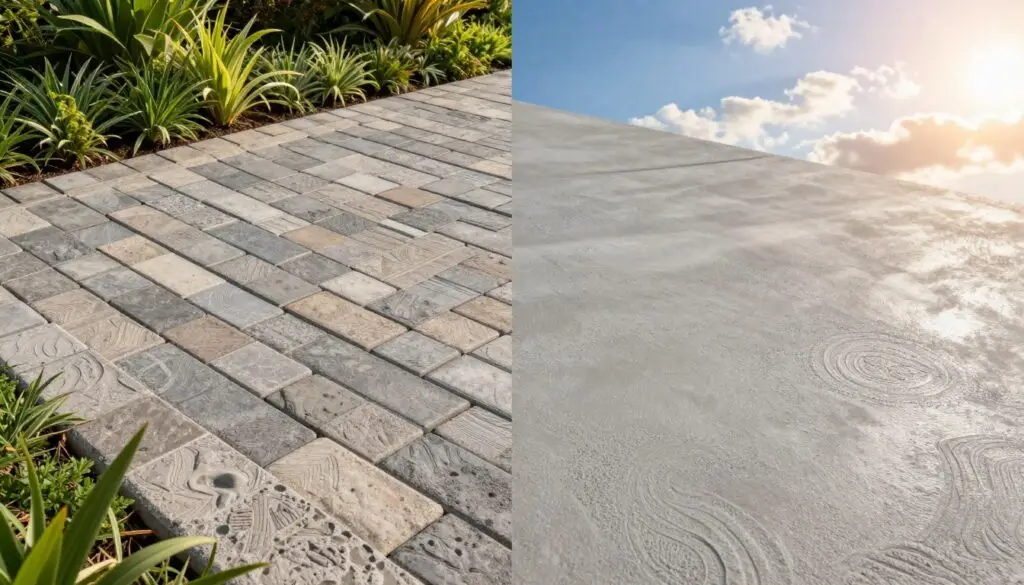 A beautifully crafted patio featuring stamped concrete in warm earthy tones, showcasing intricate patterns that resemble natural stone. In the foreground, the smooth, textured surface of the stamped concrete is prominent, with subtle shadowing that enhances its depth and realism. The middle ground reveals a well-manicured lawn, framed by lush green plants and decorative outdoor furniture, evoking a serene, inviting atmosphere. In the background, a sunny blue sky and distant trees complete the scene. Soft, natural lighting casts gentle shadows, enhancing the tactile quality of the concrete. The overall mood is tranquil and engaging, perfect for homeowners considering patio options in Knoxville. concrete pavers vs stamped concrete - paver patio vs stamped concrete