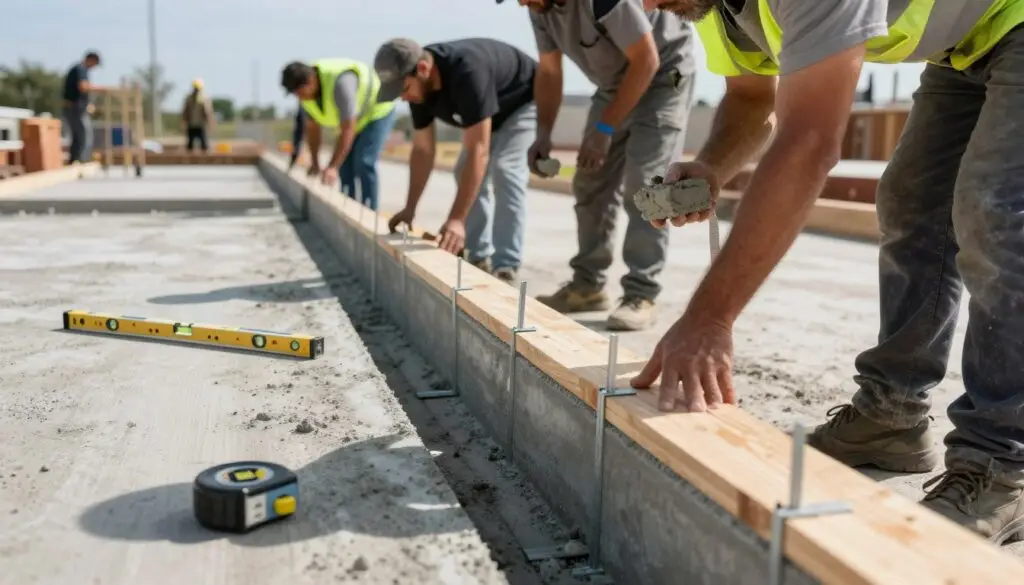 A close-up view of concrete forming in progress, showcasing a team of professionals in smart workwear, carefully installing wooden and metal forms along a neatly excavated sidewalk area. In the foreground, focus on the textured surfaces of the forms, highlighting wooden planks secured by metal stakes, with tools like levels and measuring tapes nearby. The middle ground features workers collaborating, bending over to check alignments, with one holding a concrete mix sample. The background includes a partially completed concrete sidewalk with a clear blue sky overhead, creating a bright and productive atmosphere. Soft sunlight casts gentle shadows, emphasizing the craftsmanship and precision of the formwork, while the lens captures the scene at a slight angle for depth.