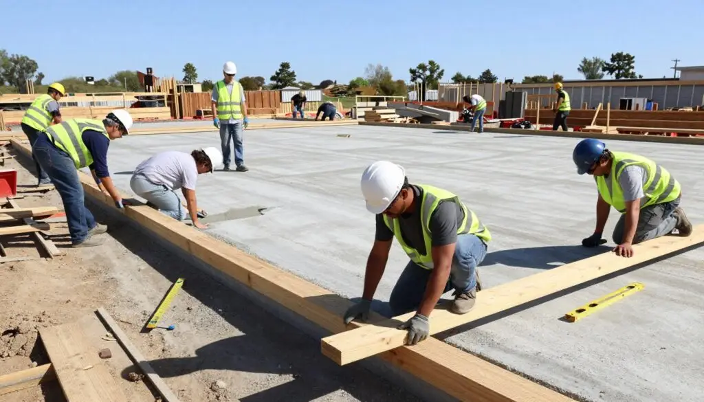 A construction site scene depicting a professional team installing concrete sidewalk forms. In the foreground, a diverse group of workers in business casual attire, wearing safety vests and helmets, are carefully aligning wooden planks to create sidewalk molds. The middle ground showcases the freshly placed forms, highlighting their precision and attention to detail, with measuring tools and levels nearby. In the background, a clear blue sky adds natural light to the setting, casting soft shadows that enhance the depth of the scene. The atmosphere is one of teamwork and professionalism, emphasizing a clean, organized work environment, perfect for an upcoming concrete pour. The image is framed from a slightly elevated angle to capture the full layout of the sidewalk forming process.