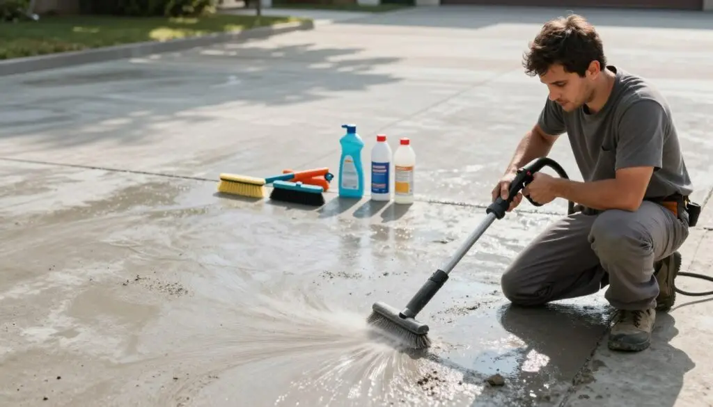 A detailed scene depicting the surface preparation process for sealing a concrete driveway. In the foreground, a professional in modest, casual clothing is kneeling beside a concrete surface, using a pressure washer to clean away dirt and grime. Their focused expression highlights the importance of proper preparation. In the middle ground, an array of cleaning tools, like scrub brushes and chemical stain removers, are neatly arranged. The background displays a freshly cleaned, gray concrete driveway, glistening under bright afternoon sunlight that casts soft shadows. The overall mood is meticulous and industrious, capturing the essence of thorough preparation before sealing. The angle is slightly elevated, showcasing the driveway's length while emphasizing the ongoing work.