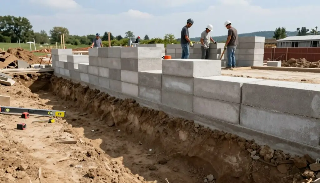 A detailed scene of a construction site featuring a partially built retaining wall made of large concrete blocks. In the foreground, a trench has been excavated, showcasing freshly dug earth with a clear, defined line marking the intended layout of the wall. There are tools like a measuring tape and a level placed nearby for precision. In the middle ground, the stacked blocks are arranged in a neat line, some partially set, while workers in modest casual clothing are collaborating, equipped with hard hats and gloves, ensuring safety. The background reveals a sunny day with a blue sky, green trees, and distant hills, creating a serene yet industrious atmosphere. Soft, natural lighting highlights the texture of the earth and blocks, capturing the essence of careful planning and hard work.