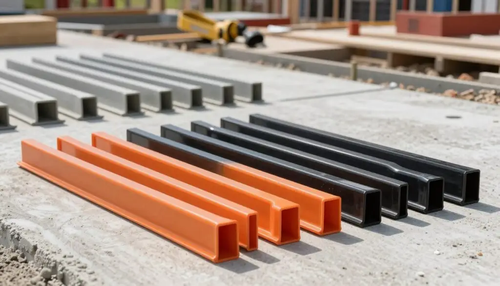 A selection of HDPE flexible forms used for concrete sidewalk installation, positioned prominently in the foreground, showcasing their varied lengths and curved configurations. The forms are brightly colored in shades of orange and black, reflecting their robust, durable nature. In the middle ground, a set of neatly arranged concrete sidewalk forms displays a slight curve, demonstrating their versatility. The background features a professional construction site, with a soft-focus effect revealing construction tools and partially poured concrete. The scene is well-lit with natural daylight, casting gentle shadows that enhance the textures of the forms. The atmosphere is one of professionalism and efficiency, conveying a sense of order and preparation in sidewalk construction.