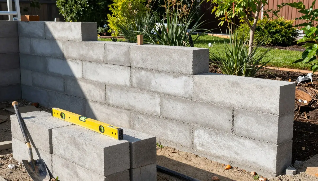 A well-constructed retaining wall made of large, interlocking concrete blocks, showcasing strong structural design and effective drainage. In the foreground, a neat stack of materials, including block stones and tools like a level and shovel, demonstrates preparation for construction. The middle ground features the partially built wall, illustrating varying heights and angles, with a focus on proper alignment and stability. In the background, a lush garden setting with vibrant greenery and trees reinforces the functionality of the wall in landscape management. Natural sunlight casts a warm glow over the scene, emphasizing textures of the materials. The overall atmosphere conveys a sense of professionalism and readiness, highlighting the essential planning and care needed for a successful build. Concrete Retaining Wall