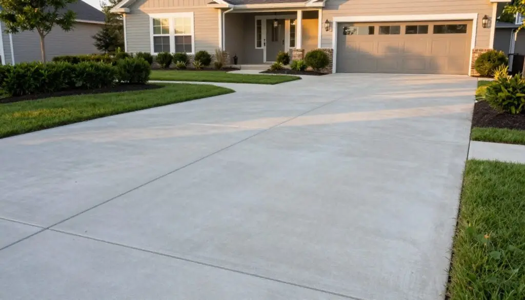A well-designed residential concrete driveway, prominently displayed in the foreground, showcasing its ideal thickness. The texture of the concrete is smooth with subtle variations, highlighting the craftsmanship involved. In the middle ground, a lush green lawn borders the driveway, with neatly trimmed hedges flanking the sides, creating a welcoming suburban atmosphere. In the background, a modern house with warm, inviting colors provides context, reflecting a typical Knoxville home. The lighting is soft and natural, suggesting a late afternoon setting, with shadows cast gently across the driveway. The angle of the shot is slightly elevated, allowing for a clear view of both the driveway and the surrounding landscape, conveying a sense of stability and professionalism amidst a serene residential environment.