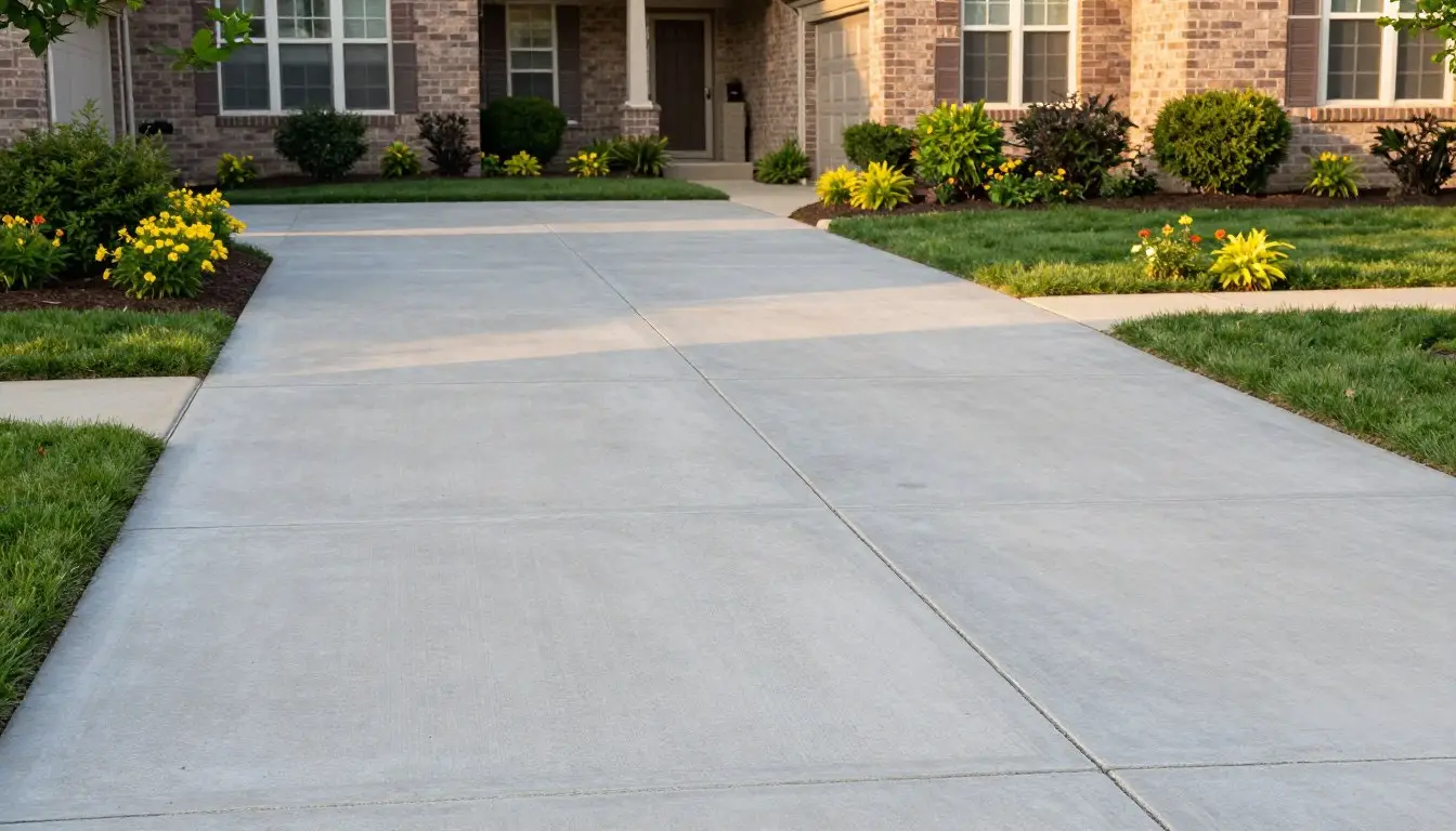 A well-maintained concrete driveway stretches prominently in the foreground, showcasing its smooth, light gray surface with subtle texture and seamless edges. The middle ground depicts carefully manicured lawns on either side, dotted with vibrant green shrubs and flowers that contrast beautifully against the driveway. In the background, a residential home with warm brick tones is partially visible, giving a sense of context and belonging. The scene is captured in soft afternoon light, casting gentle shadows that enhance the driveway's details. The perspective is slightly elevated, offering a clear view of the entire driveway, inviting and pristine. The overall atmosphere is serene and inviting, emphasizing the importance of maintaining a concrete driveway in contemporary American homes.