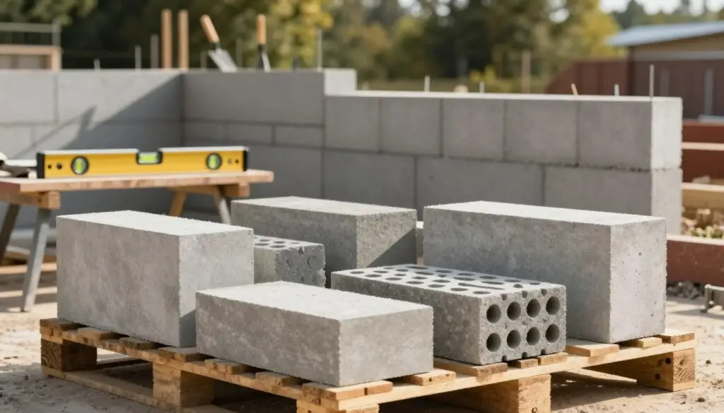 A well-organized construction site featuring various types of concrete blocks essential for building retaining walls. In the foreground, a variety of blocks—standard, interlocking, and decorative—are neatly arranged on a wooden pallet, showcasing their textures and shades. The middle ground highlights a sturdy level and a trowel resting on a workbench, with a partially built retaining wall made from the blocks rising in the background. The setting is illuminated by warm, natural sunlight, casting soft shadows that add depth to the scene. A blurred backdrop of green trees provides a tranquil atmosphere, emphasizing the outdoor setting of the project. The composition conveys a professional and instructional mood, perfect for a guide on retaining wall construction.