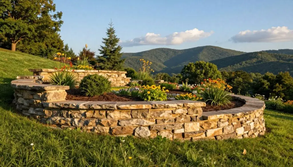 A beautifully crafted limestone retaining wall stands prominently in the foreground, showcasing its textured, natural stone finish. The wall curves gracefully to mirror the gentle slope of an East Tennessee landscape, surrounded by vibrant green grass and colorful blooming wildflowers. In the middle ground, a serene garden complements the wall, with well-placed shrubs and trees that thrive in the local climate. The background features rolling hills under a clear blue sky, with soft clouds adding depth to the scene. The lighting is warm and inviting, capturing the golden hour glow that highlights the limestone's earthy tones and enhances the organic feel of the environment. The overall mood is tranquil and harmonious, evoking a sense of stability and beauty inherent to well-designed landscapes.