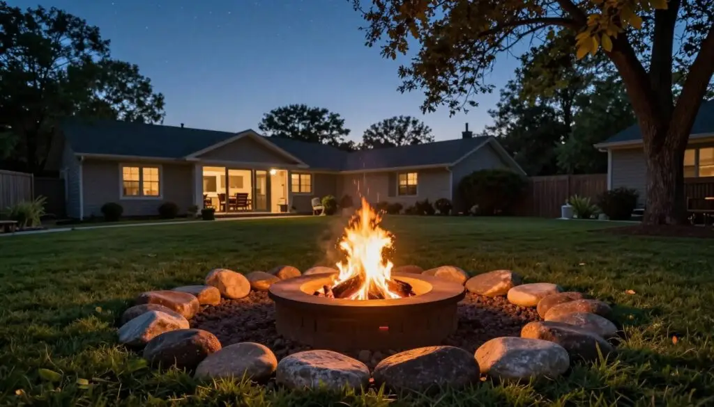 A cozy fire pit set in an inviting backyard, surrounded by a circular arrangement of smooth river rocks. In the foreground, warm flames flicker gently in the fire pit, casting a soft glow on the nearby grass. The middle ground features a spacious area with well-maintained lawn, allowing for safe distance from the house, which is subtly visible in the background. Above, a clear twilight sky transitions to deep blue, sprinkled with stars. Lush trees provide natural overhead guidelines, ensuring safety and a serene atmosphere. The scene exudes warmth and tranquility, perfect for outdoor gatherings. Soft lighting highlights the textures of the grass and rocks, while a wide-angle perspective emphasizes the spaciousness and safety considerations for fire pit placement. A cozy fire pit set in an inviting backyard, surrounded by a circular arrangement of smooth river rocks. In the foreground, warm flames flicker gently in the fire pit, casting a soft glow on the nearby grass. The middle ground features a spacious area with well-maintained lawn, allowing for safe distance from the house, which is subtly visible in the background. Above, a clear twilight sky transitions to deep blue, sprinkled with stars. Lush trees provide natural overhead guidelines, ensuring safety and a serene atmosphere. The scene exudes warmth and tranquility, perfect for outdoor gatherings. Soft lighting highlights the textures of the grass and rocks, while a wide-angle perspective emphasizes the spaciousness and safety considerations for fire pit placement.