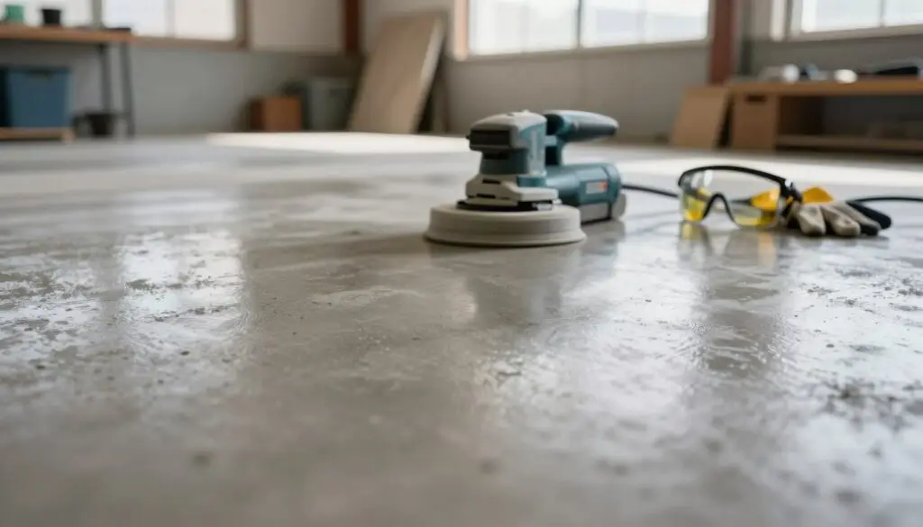 A detailed close-up of a polished concrete surface with subtle reflections, showcasing a professional finish. The foreground features a smooth, shiny concrete floor, highlighting the skillful grinding and polishing techniques with a slight sheen. In the middle ground, tools like a concrete grinder can be seen, placed neatly beside a well-organized workspace with safety gear like goggles and gloves, emphasizing professionalism. The background contains a slightly blurred industrial workshop setting with warm, natural light streaming through large windows, creating an inviting atmosphere that suggests expertise and trust. The overall mood is focused and industrious, conveying the precision and quality of concrete restoration services, with an emphasis on local craftsmanship.