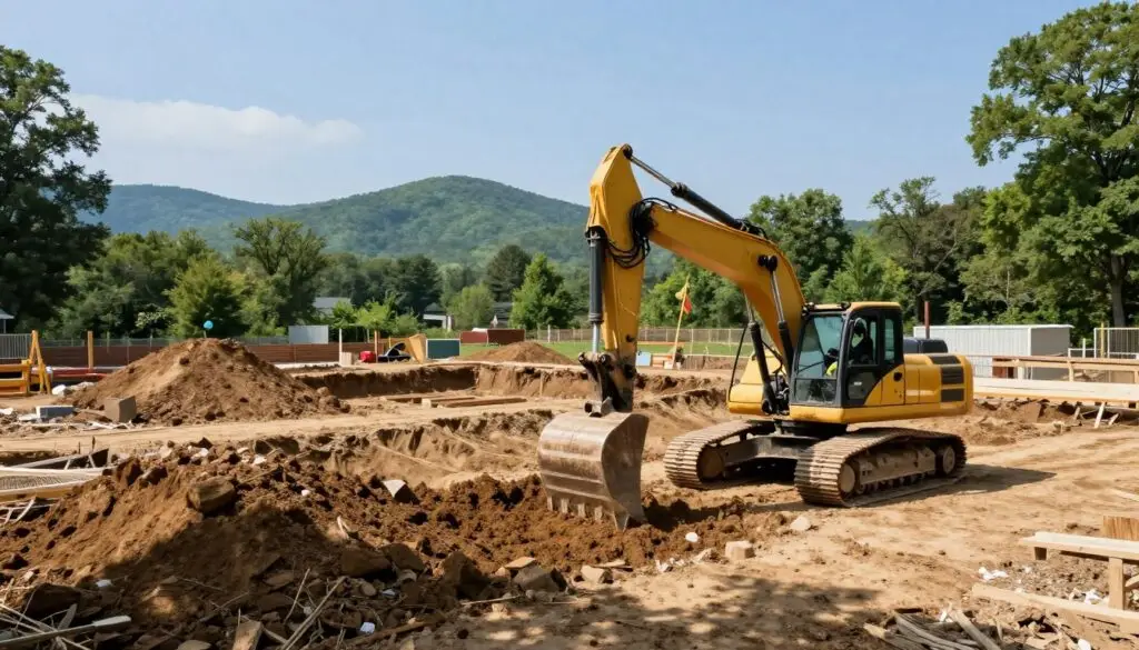 A dynamic construction site in East Tennessee focused on residential excavation. In the foreground, a professional excavator, wearing safety gear and a hard hat, operates heavy machinery breaking ground. The middle ground features a freshly dug site with mounds of earth piled around, showcasing the initial stages of excavation for a new home. In the background, Appalachian hills under a clear blue sky, with lush green trees framing the scene. Natural sunlight casts gentle shadows, enhancing textures in the dirt and machinery. The atmosphere is industrious yet serene, reflecting a dedicated approach to expert site preparation. The composition should use a wide-angle lens to capture the scope of the work area while maintaining clarity and warmth in the colors.