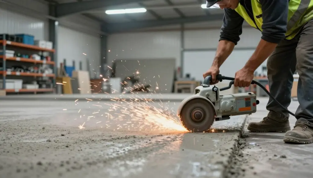 A dynamic scene depicting the concrete grinding process in action. In the foreground, a professional worker, dressed in a safety vest and protective eyewear, operates an industrial concrete grinder. Sparks fly as the diamond grinding disc rotates, creating a polished surface beneath. In the middle ground, a section of a warehouse or commercial space can be seen, with the concrete floor partially ground to reveal a smooth finish. Dust particles float in the air, illuminated by soft overhead fluorescent lighting, giving a sense of depth and realism. In the background, shelves with construction materials and tools add context to the setting. The atmosphere is focused and industrious, showcasing the expertise and precision involved in concrete grinding.