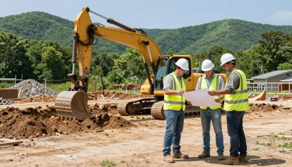 A dynamic scene of site preparation for a residential excavation project set in East Tennessee. In the foreground, a team of three professional workers, dressed in hard hats, safety vests, and sturdy boots, carefully analyzing blueprints and discussing plans. In the middle ground, an excavator with a large bucket is positioned beside a freshly marked excavation site, with dirt and gravel piled nearby. The background features lush green hills typical of East Tennessee, and a clear blue sky. The lighting is bright and natural, suggesting a sunny day. The angle captures both the workers and the machinery, conveying a sense of professionalism and teamwork, focused on the careful planning required for a successful excavation project.