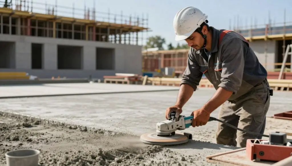 A professional concrete grinding service in action at a construction site. In the foreground, a skilled worker in a hard hat and safety gear is using a concrete grinder, displaying focused concentration. The worker's face reflects determination and expertise, while showcasing a clean and organized workspace with tools neatly arranged. In the middle ground, an array of freshly ground concrete surfaces glisten under warm, natural lighting, emphasizing the precision of the work. In the background, partially constructed buildings and scaffolding rise against a clear blue sky, indicating progress and professionalism. The atmosphere is industrious and focused, capturing the essence of quality service and commitment to excellence in construction. The image should be shot at eye level with a slight depth of field to highlight the worker and the grinding process.