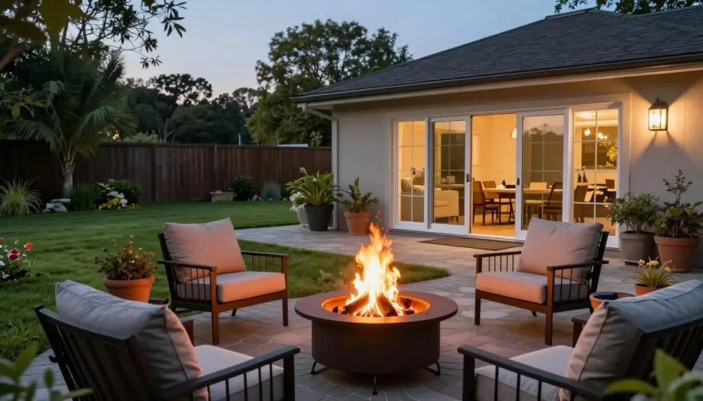 A serene backyard scene featuring a well-maintained fire pit positioned a safe distance from a charming house. In the foreground, the fire pit glows warmly with flickering flames, surrounded by neatly arranged, comfortable outdoor seating. Potted plants and garden decor enhance the inviting atmosphere. In the middle ground, a paved patio leads to the house, which is picturesque and showcases a sliding glass door that opens to the backyard. The background features a lush green lawn, distant trees, and a clear blue sky, conveying safety and tranquility. The lighting is soft, as if at twilight, creating a warm ambiance. The angle captures the entire scene, emphasizing the safe distance between the fire pit and the house to illustrate proper fire pit placement. A serene backyard scene featuring a well-maintained fire pit positioned a safe distance from a charming house. In the foreground, the fire pit glows warmly with flickering flames, surrounded by neatly arranged, comfortable outdoor seating. Potted plants and garden decor enhance the inviting atmosphere. In the middle ground, a paved patio leads to the house, which is picturesque and showcases a sliding glass door that opens to the backyard. The background features a lush green lawn, distant trees, and a clear blue sky, conveying safety and tranquility. The lighting is soft, as if at twilight, creating a warm ambiance. The angle captures the entire scene, emphasizing the safe distance between the fire pit and the house to illustrate proper fire pit placement.