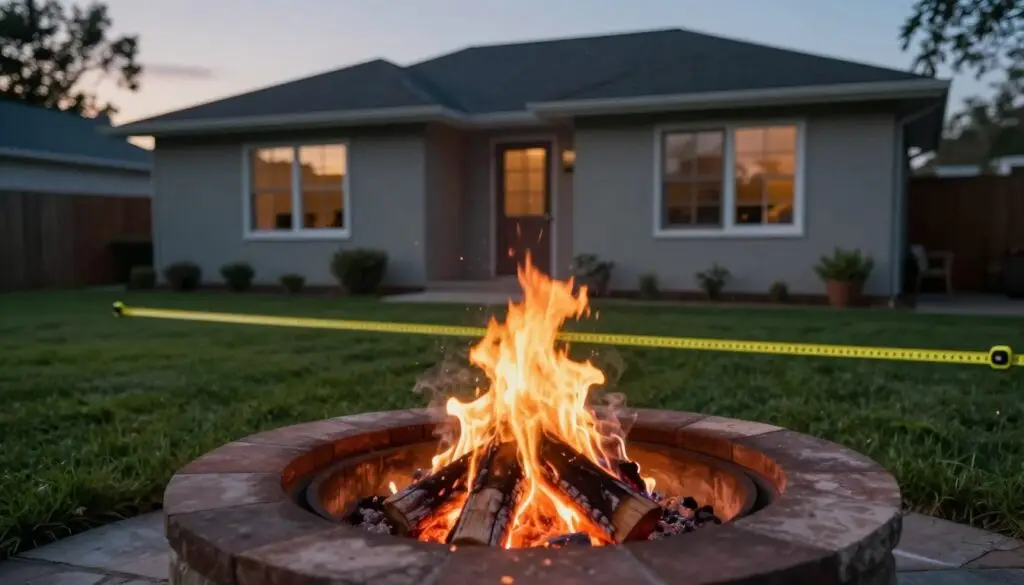 A serene backyard setting focused on a fire pit, positioned at a safe distance from a cozy single-story house. In the foreground, the fire pit features glowing embers and flames, surrounded by stone or brick, creating a warm ambiance. The middle ground showcases a well-manicured lawn with a measuring tape laid out, clearly indicating the safe distance from the house. In the background, the house has a traditional design with a slightly sloped roof and windows reflecting the twilight sky. The lighting is soft, with the warm glow of the fire contrasting against the cool hues of dusk, creating a peaceful and safe atmosphere. The scene is viewed from an eye-level angle, inviting the viewer to contemplate fire pit safety. A serene backyard setting focused on a fire pit, positioned at a safe distance from a cozy single-story house. In the foreground, the fire pit features glowing embers and flames, surrounded by stone or brick, creating a warm ambiance. The middle ground showcases a well-manicured lawn with a measuring tape laid out, clearly indicating the safe distance from the house. In the background, the house has a traditional design with a slightly sloped roof and windows reflecting the twilight sky. The lighting is soft, with the warm glow of the fire contrasting against the cool hues of dusk, creating a peaceful and safe atmosphere. The scene is viewed from an eye-level angle, inviting the viewer to contemplate fire pit safety.