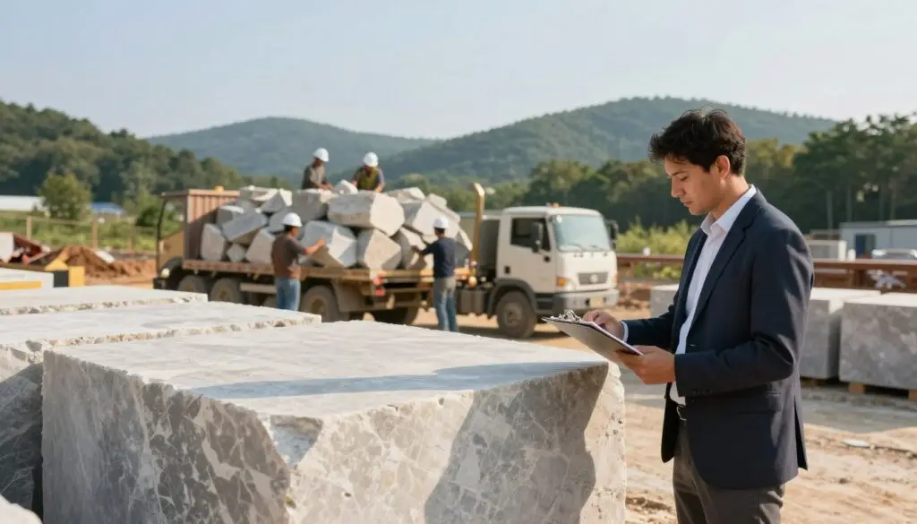 A serene construction site focusing on limestone material sourcing. In the foreground, a professional in business attire inspects large blocks of limestone, showcasing their textures and colors, with a clipboard in hand. The middle ground features workers in hard hats loading stones onto a truck, demonstrating teamwork in material management. In the background, there’s a landscape of rolling hills and trees typical of Knoxville, TN, under a clear blue sky. Soft, natural lighting casts gentle shadows, enhancing the earthy tones of the stone and surrounding environment. The overall mood conveys professionalism, diligence, and a sense of responsibility toward sustainable sourcing and cost-effective construction practices.