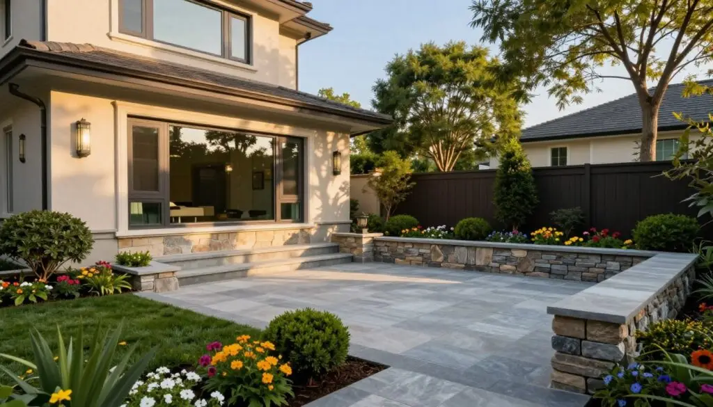 A beautifully landscaped backyard featuring elegant hardscape elements such as a well-placed stone patio, decorative retaining walls, and a stylish walkway that enhances the home's curb appeal. In the foreground, a meticulously arranged garden with colorful flowers and neatly trimmed shrubs creates an inviting atmosphere. The middle of the image showcases a modern home that exudes warmth and sophistication, its large windows reflecting sunlight. In the background, there are lush trees casting dappled shadows, complemented by a clear blue sky. The lighting is natural, during golden hour, providing a warm glow that highlights the textures of the stone and greenery. The overall mood is tranquil and appealing, emphasizing the connection between hardscape features and increased home value.
