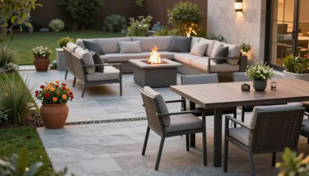 A beautifully landscaped patio highlighting a modern hardscape design with optimal ROI features. In the foreground, elegant outdoor furniture, with a stylish dining set made from weather-resistant materials, alongside decorative potted plants that add color. The middle ground features a well-constructed stone pathway leading to a fire pit surrounded by comfortable seating, offering an inviting atmosphere for gatherings. In the background, a subtle hint of a landscaped yard with greenery and well-maintained grass, showcasing the integration of hardscape elements into the overall outdoor space. Soft, warm lighting during golden hour creates a cozy ambiance, with a shallow depth of field to emphasize the patio while gently blurring the background. The mood is serene and welcoming, perfect for a relaxing evening outdoors.