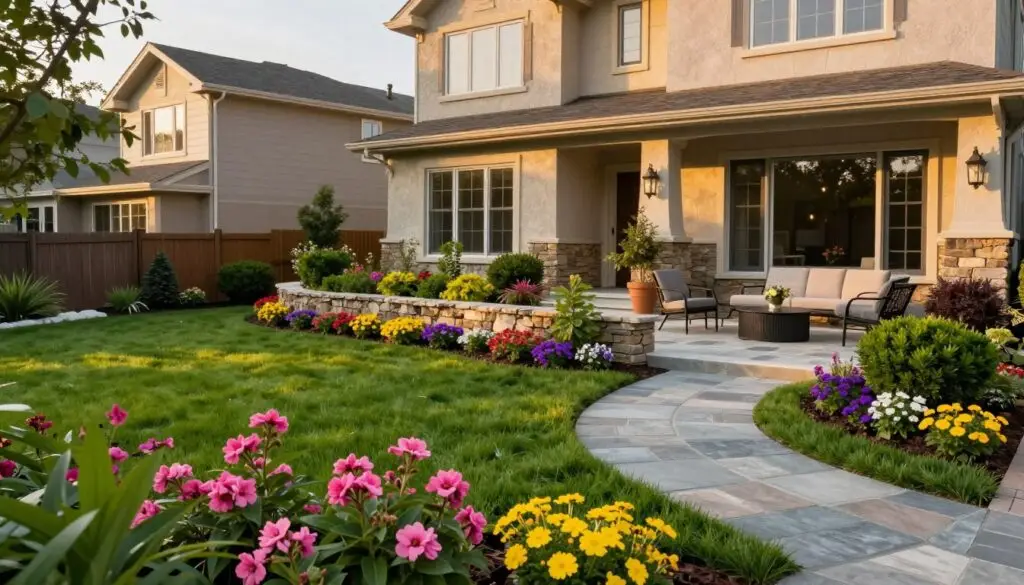 A charming suburban front yard showcasing exceptional curb appeal, featuring a well-manicured lawn, colorful flower beds, and distinct hardscaping elements like a patterned stone walkway and a cozy patio area with elegant outdoor furniture. In the foreground, vibrant blossoms in hues of pink, yellow, and purple create a welcoming atmosphere. The middle section reveals a beautifully designed retaining wall made of natural stone, surrounding lush greenery and decorative shrubs. In the background, a stylish two-story home with classic architecture stands under a soft golden hour light. The scene radiates warmth and tranquility, inviting viewers to appreciate the harmony between the built environment and nature, captured with a slightly elevated angle to emphasize the home's facade and landscaping details.