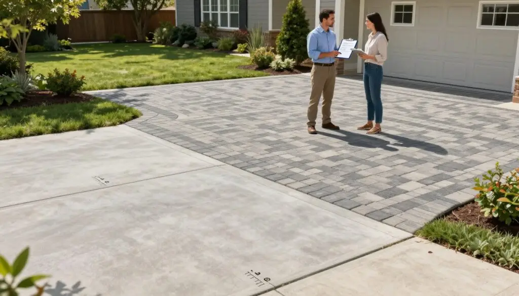 A detailed and informative illustration focusing on a concrete driveway and paver options, set in a sunlit suburban environment. In the foreground, a well-maintained concrete driveway is shown with clear markings indicating measurements per square foot, while beside it, an elegantly laid paver driveway showcases varied geometric patterns. In the middle ground, a professional contractor, dressed in business attire, is calculating estimated costs on a clipboard, engaging with a homeowner who appears interested. The background features a lush garden and a charming house, enhancing the outdoor appeal. Soft, natural lighting highlights the textures of both surfaces, and a slight aerial angle captures the overall scene, conveying a professional yet approachable atmosphere focused on decision-making in outdoor renovations.