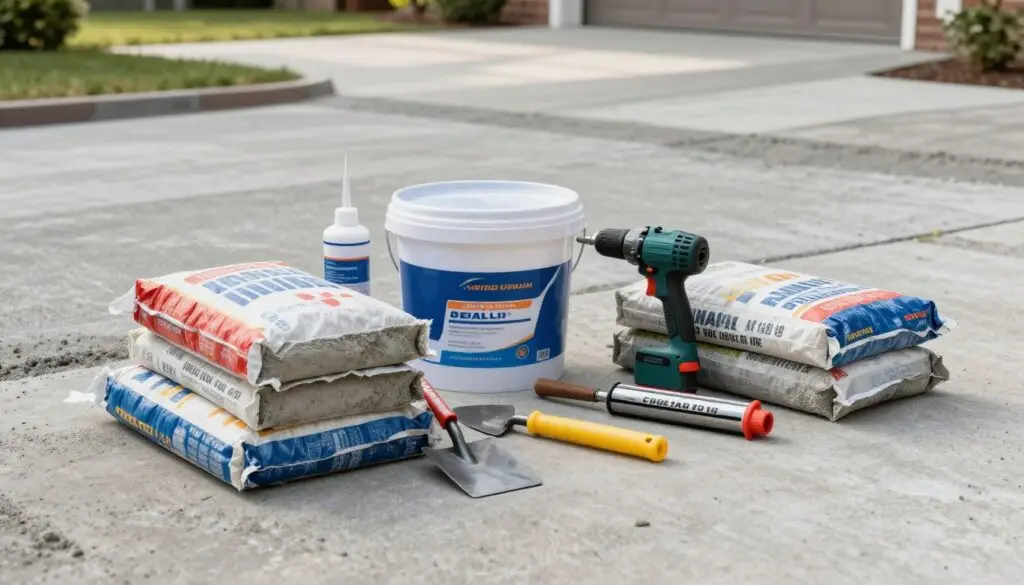 A detailed assortment of driveway repair materials arranged artfully on a concrete slab. In the foreground, bags of concrete mix and various tools like a trowel, a small shovel, and a caulking gun are clearly visible. The middle ground features a large bucket of sealant and a mixing drill, while in the background, a well-kept concrete driveway extends, showcasing areas needing repair. Soft, natural sunlight filters down, casting gentle shadows that add depth. Captured from a slightly elevated angle to highlight the materials, the scene conveys a practical and organized atmosphere, appealing to homeowners looking to undertake driveway repairs. The overall mood is professional and focused, inspiring confidence in the repair process. A detailed assortment of driveway repair materials arranged artfully on a concrete slab. In the foreground, bags of concrete mix and various tools like a trowel, a small shovel, and a caulking gun are clearly visible. The middle ground features a large bucket of sealant and a mixing drill, while in the background, a well-kept concrete driveway extends, showcasing areas needing repair. Soft, natural sunlight filters down, casting gentle shadows that add depth. Captured from a slightly elevated angle to highlight the materials, the scene conveys a practical and organized atmosphere, appealing to homeowners looking to undertake driveway repairs. The overall mood is professional and focused, inspiring confidence in the repair process.