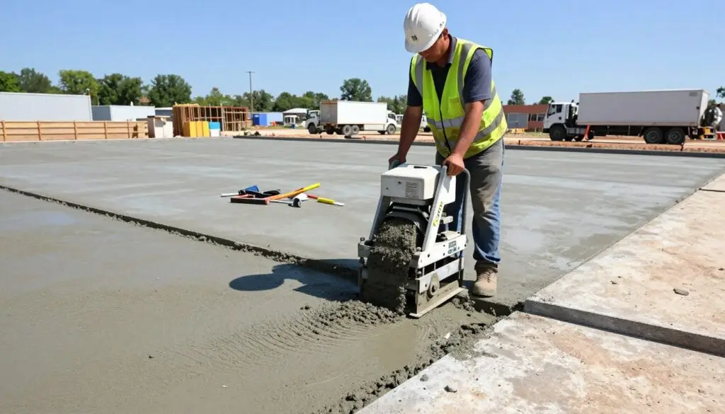 A detailed illustration of the concrete leveling process, showcasing a construction site in Knoxville. In the foreground, a professional worker in a hard hat and safety vest operates a leveling machine, carefully pouring fresh concrete onto an uneven slab. The middle ground features a partially completed concrete slab, with tools and leveling equipment scattered nearby. In the background, a clear blue sky contrasts against the industrial scene, with construction trucks and materials visible. The lighting is bright, emphasizing the textures of the concrete and the tools. The angle is slightly low to capture the action and depth of the process, creating an engaging atmosphere that conveys efficiency and professionalism in concrete leveling.