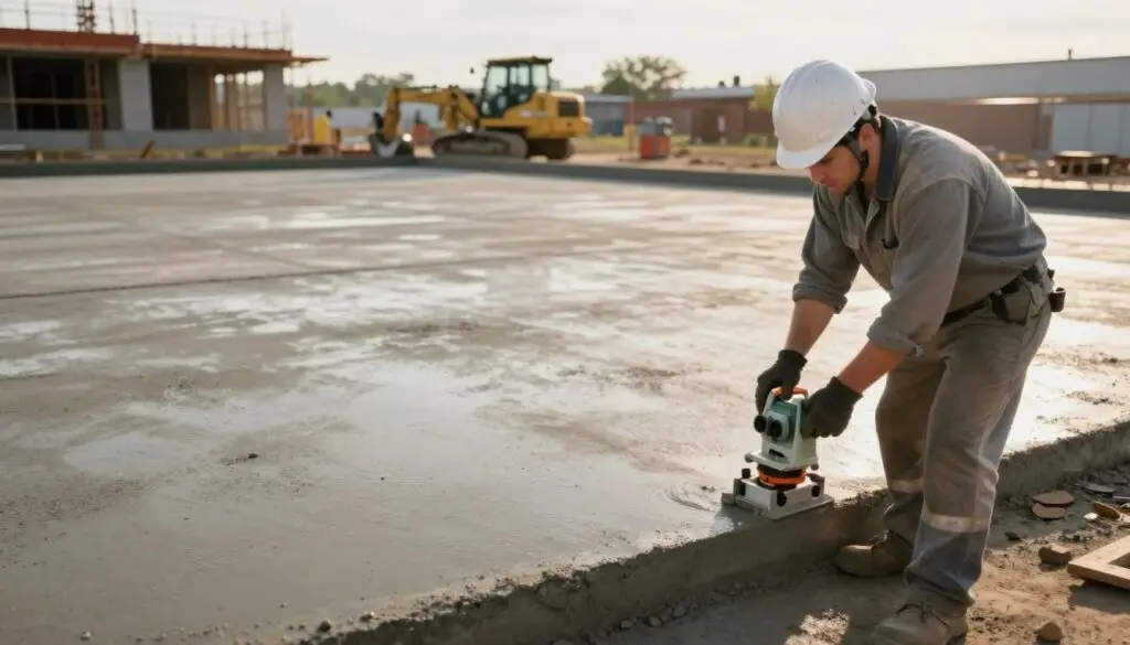 A professional concrete leveling expert operating on a large outdoor concrete surface in Knoxville, Tennessee. In the foreground, focus on a white male technician in a hard hat and safety gear, meticulously using a leveling instrument to ensure precision. In the middle ground, a smooth, freshly leveled concrete surface glistens under warm sunlight, showcasing its flawless finish. The background features an industrial setting, perhaps with construction machinery and a partially completed building, bathed in soft afternoon light for an inviting atmosphere. Use a wide-angle lens to capture the depth of the scene, emphasizing the expert's attention to detail and the high-quality results of the service. The mood is professional and reassuring, symbolizing trust and expertise in concrete leveling services.