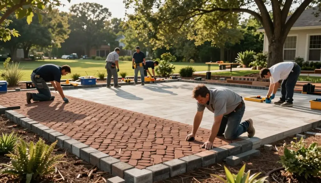 A professional team is engaged in the installation of anchored pavers in an outdoor space, showcasing a well-organized construction site. In the foreground, several workers in professional business attire are carefully laying down interlocking pavers in a rich, textured pattern, demonstrating precision and expertise. The middle ground features a partially completed patio area, with tools and equipment neatly arranged, suggesting a methodical workflow. In the background, a lush green landscape contains trees and shrubs, creating a serene atmosphere complemented by soft afternoon sunlight filtering through the leaves, casting gentle shadows on the ground. The overall mood conveys professionalism, skill, and trustworthiness, ideal for a construction project in Knoxville. Capture this scene with a wide-angle lens to encompass the activity and environment effectively.