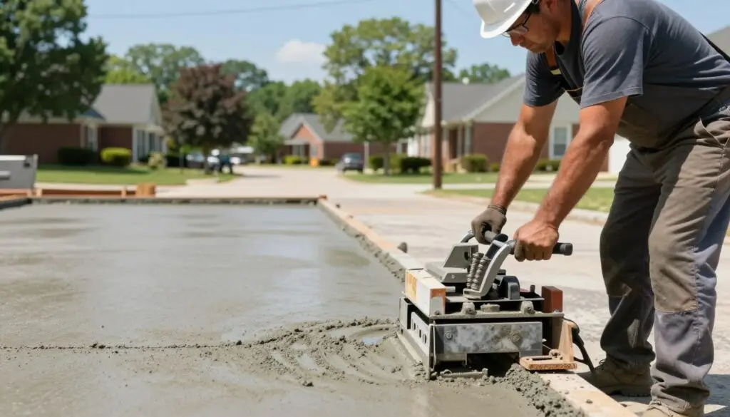 A skilled worker in a hard hat and professional attire carefully operates a concrete leveling tool on a driveway in Knoxville, TN. In the foreground, focus on the worker's hands guiding the machine with precision, showcasing the texture of the freshly poured concrete. In the middle ground, a smooth, leveled surface can be seen, illustrating the process of concrete leveling, with visible lines and patterns created by the machine. In the background, a typical Knoxville residential area is rendered softly, with green trees and brick houses, under a bright, sunny day with clear blue skies. The lighting is natural, highlighting the worker’s determination and the craftsmanship involved, while the overall mood conveys professionalism and expertise in construction.