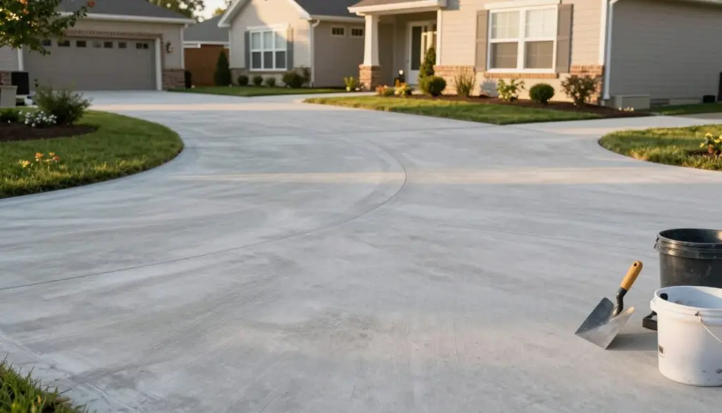A wide shot of a freshly repaired concrete driveway, showcasing smooth, well-defined surfaces with subtle textures and markings. In the foreground, there are tools like a trowel and bucket, suggesting an active repair process. In the middle ground, the driveway extends gracefully, flanked by neatly trimmed grass and small flowerbeds, enhancing the visual appeal. The background features a modest suburban home with a welcoming façade. The lighting is warm and inviting, simulating late afternoon sun casting gentle shadows, adding depth to the scene. The atmosphere is calm and constructive, evoking a sense of satisfaction from a job well done. The image is free from any text or watermarks. A wide shot of a freshly repaired concrete driveway, showcasing smooth, well-defined surfaces with subtle textures and markings. In the foreground, there are tools like a trowel and bucket, suggesting an active repair process. In the middle ground, the driveway extends gracefully, flanked by neatly trimmed grass and small flowerbeds, enhancing the visual appeal. The background features a modest suburban home with a welcoming façade. The lighting is warm and inviting, simulating late afternoon sun casting gentle shadows, adding depth to the scene. The atmosphere is calm and constructive, evoking a sense of satisfaction from a job well done. The image is free from any text or watermarks.