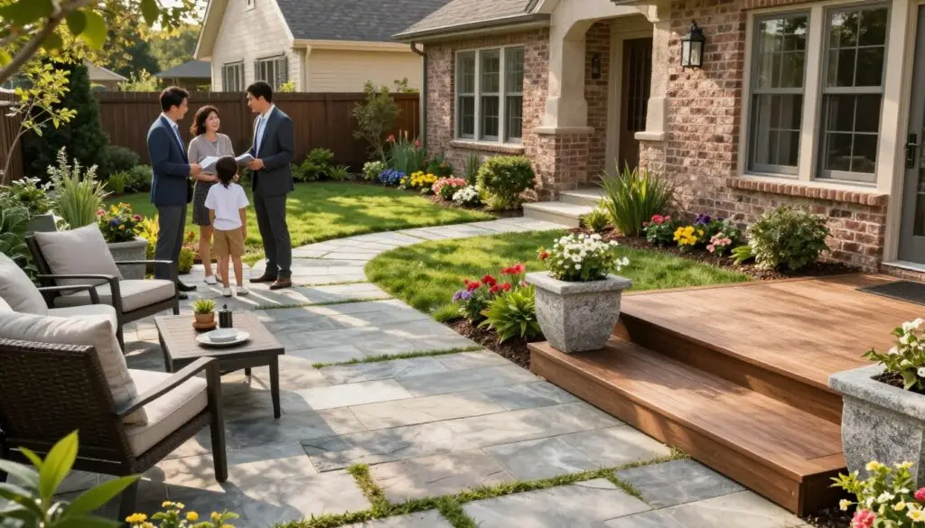 A beautifully landscaped outdoor space showcasing a variety of hardscaping elements, including elegantly designed stone pathways, a sleek patio area with modern outdoor furniture, and retaining walls made of natural stone. In the foreground, lush green plants and decorative gravel provide contrast to the hard surfaces. The middle ground features well-arranged potted plants and an inviting fire pit surrounded by stone seating. In the background, a serene garden with a touch of water features, such as a small pond or fountain, enhances the ambiance. The scene is bathed in soft, warm sunlight, casting gentle shadows that highlight the textures of the materials. The image should evoke a sense of tranquility and sophistication, making it an ideal representation of hardscaping. does hardscape increase home value - how much does hardscape cost